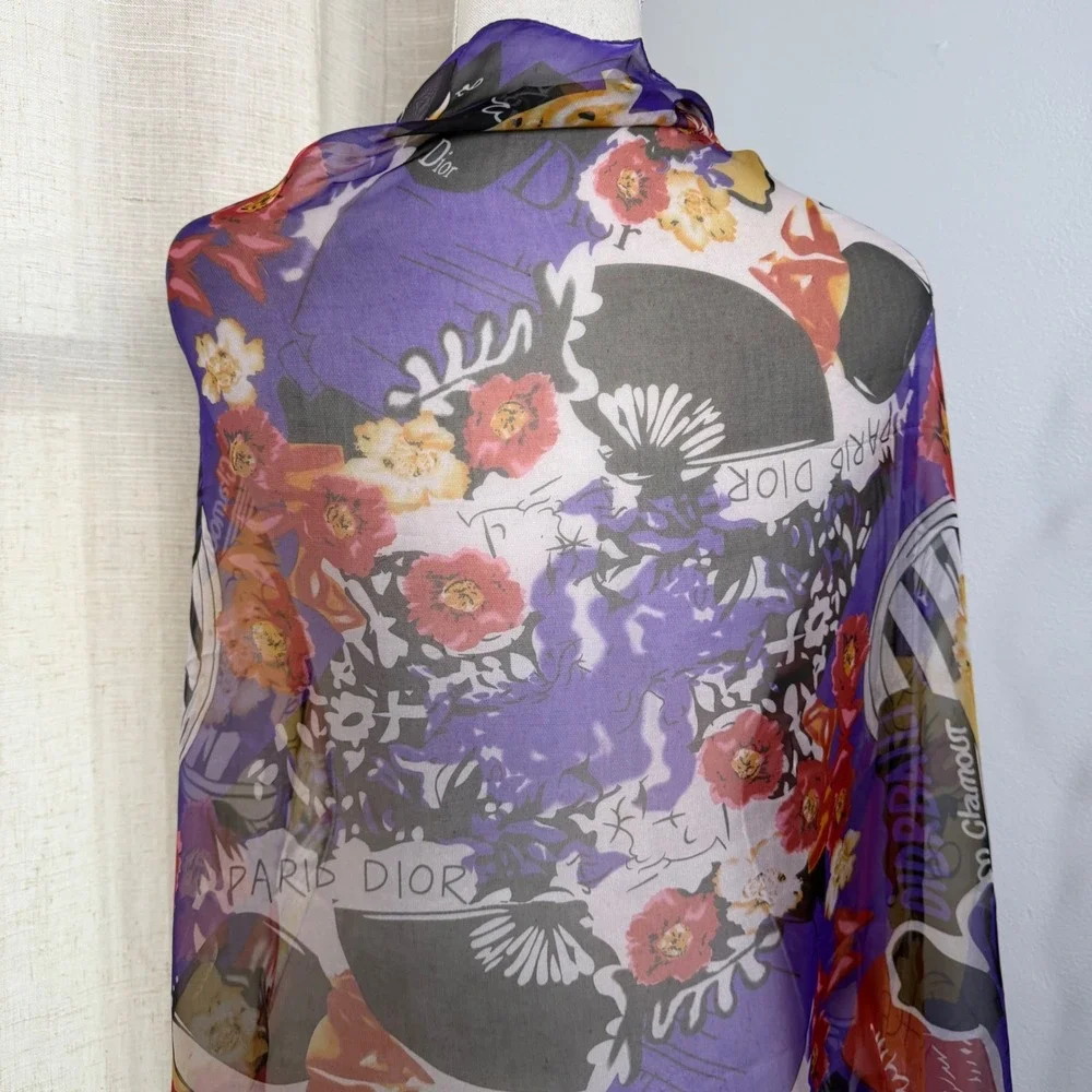 Christian Dior Silk Chiffon Scarf Floral Paris‎ Graphic Purple Italy  66